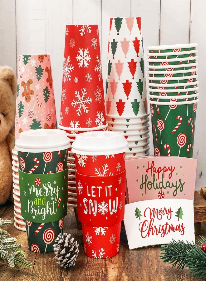 JarThenaAMCS 100 Sets 16oz Christmas Disposable Coffee Cups With Lids And Sleeves Festive Xmas Design Paper Drinking Cups For Winter Home Office Party Supplies - Image 4